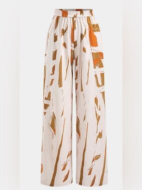Abstract Printed High Waist Trouser Pants in Cream and Brown